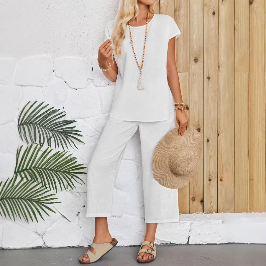 Womens Cotton Linen Capri Pants With Pockets Loose Fitting Two Piece Set Featuring A Short Sleeved Shirt