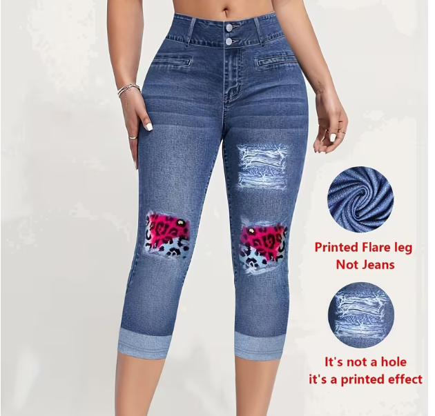 Women's Tight Capri Pants With Denim Print Fashion