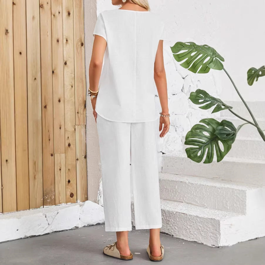 Womens Cotton Linen Capri Pants With Pockets Loose Fitting Two Piece Set Featuring A Short Sleeved Shirt