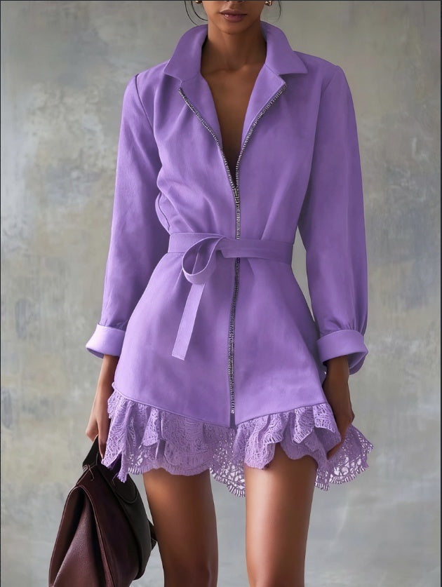 French Style Lapel Waist-Cinched Lace Patchwork Mini Dress