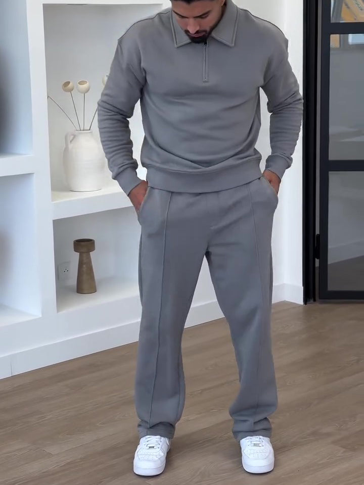 Half-Zip Polo Neck Sweatshirt & Slim Flare Pants Set
