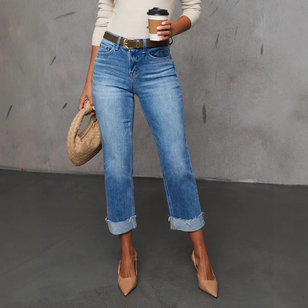 Cuffed Capri Pants, Fashionable Stretchy Whiskered Denim Jeans