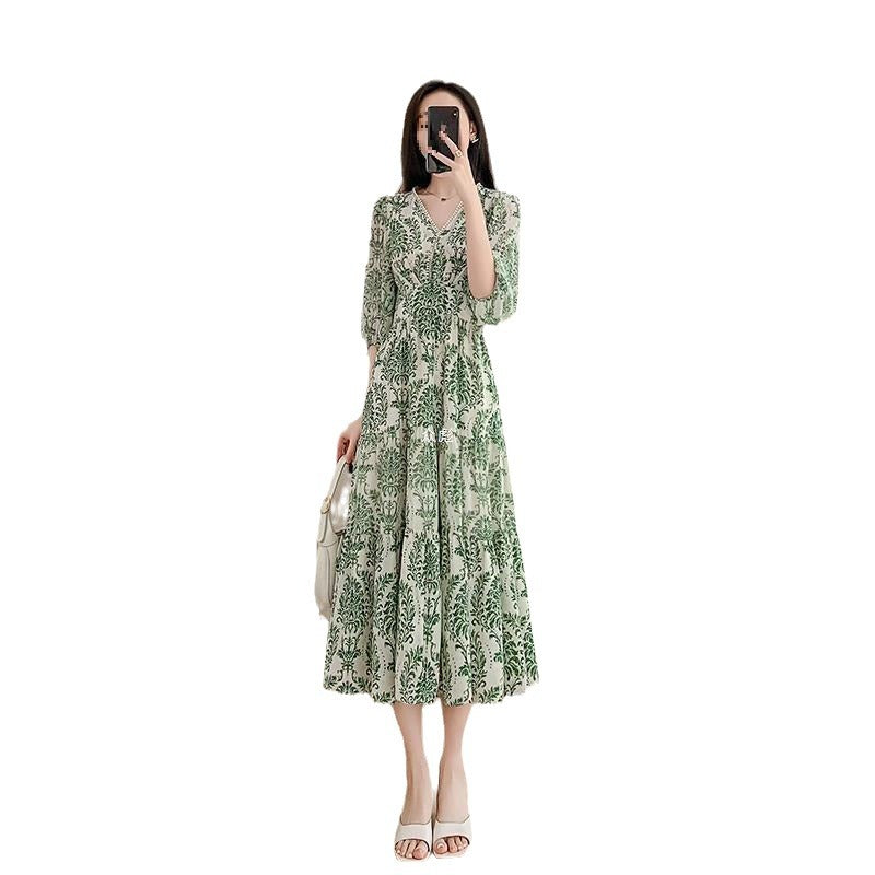 Green Three-quarter-sleeved Chiffon Floral Dress