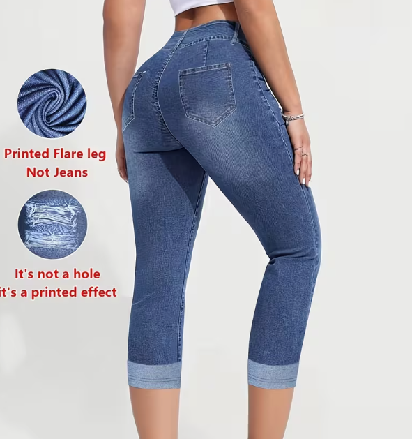 Women's Tight Capri Pants With Denim Print Fashion