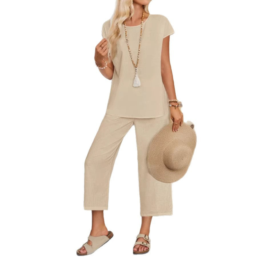 Womens Cotton Linen Capri Pants With Pockets Loose Fitting Two Piece Set Featuring A Short Sleeved Shirt