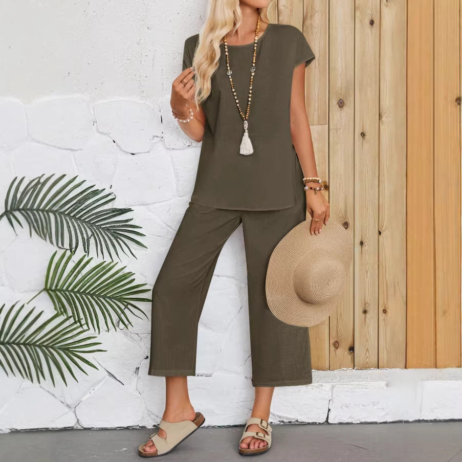 Womens Cotton Linen Capri Pants With Pockets Loose Fitting Two Piece Set Featuring A Short Sleeved Shirt