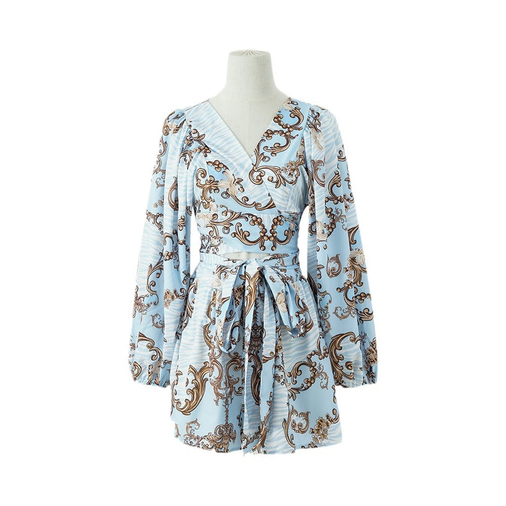 Floral Long-sleeve Shorts V-neck Jumpsuit