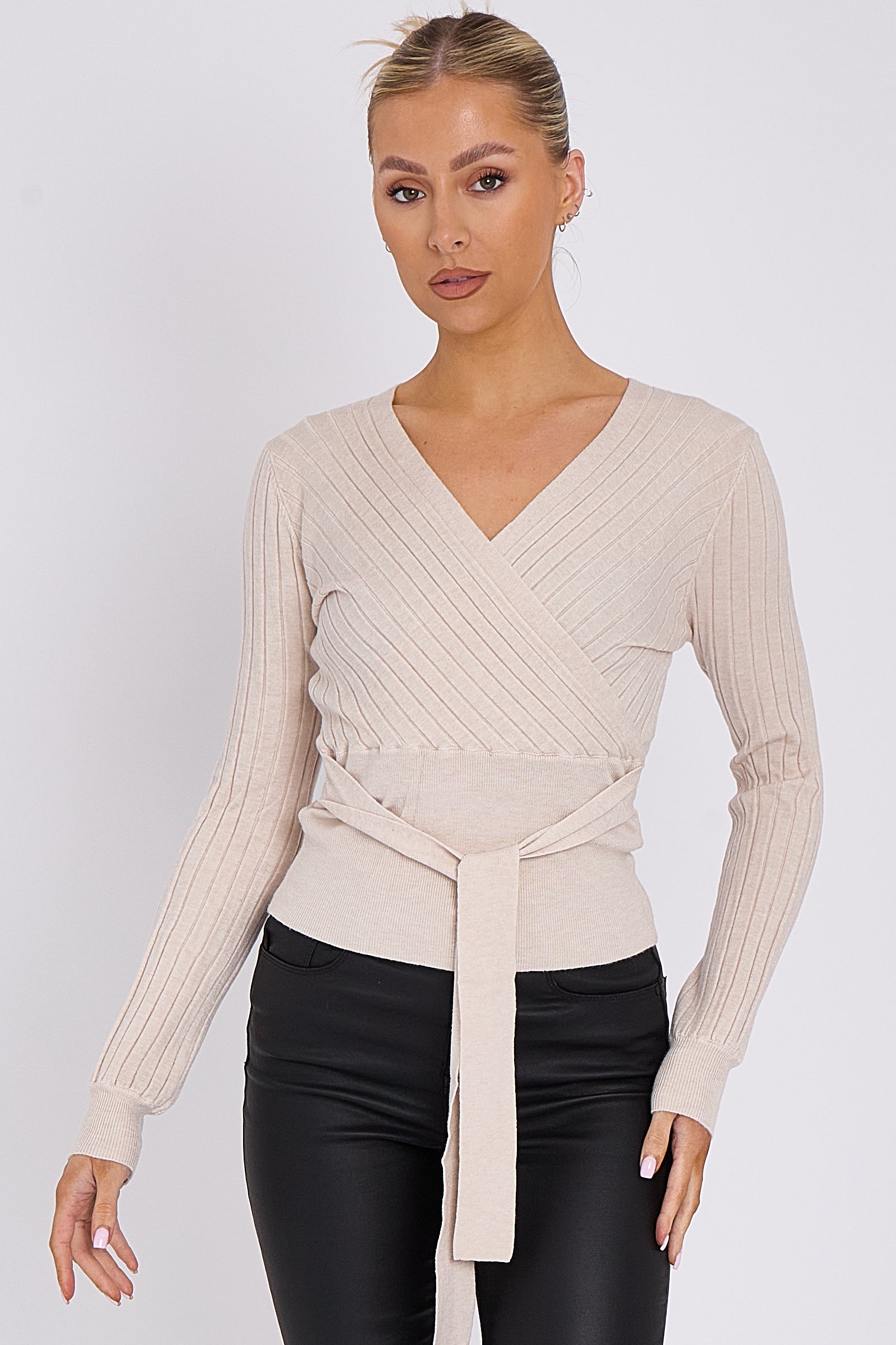 Beige Rib Knit Wrap Jumper with Tie Belt