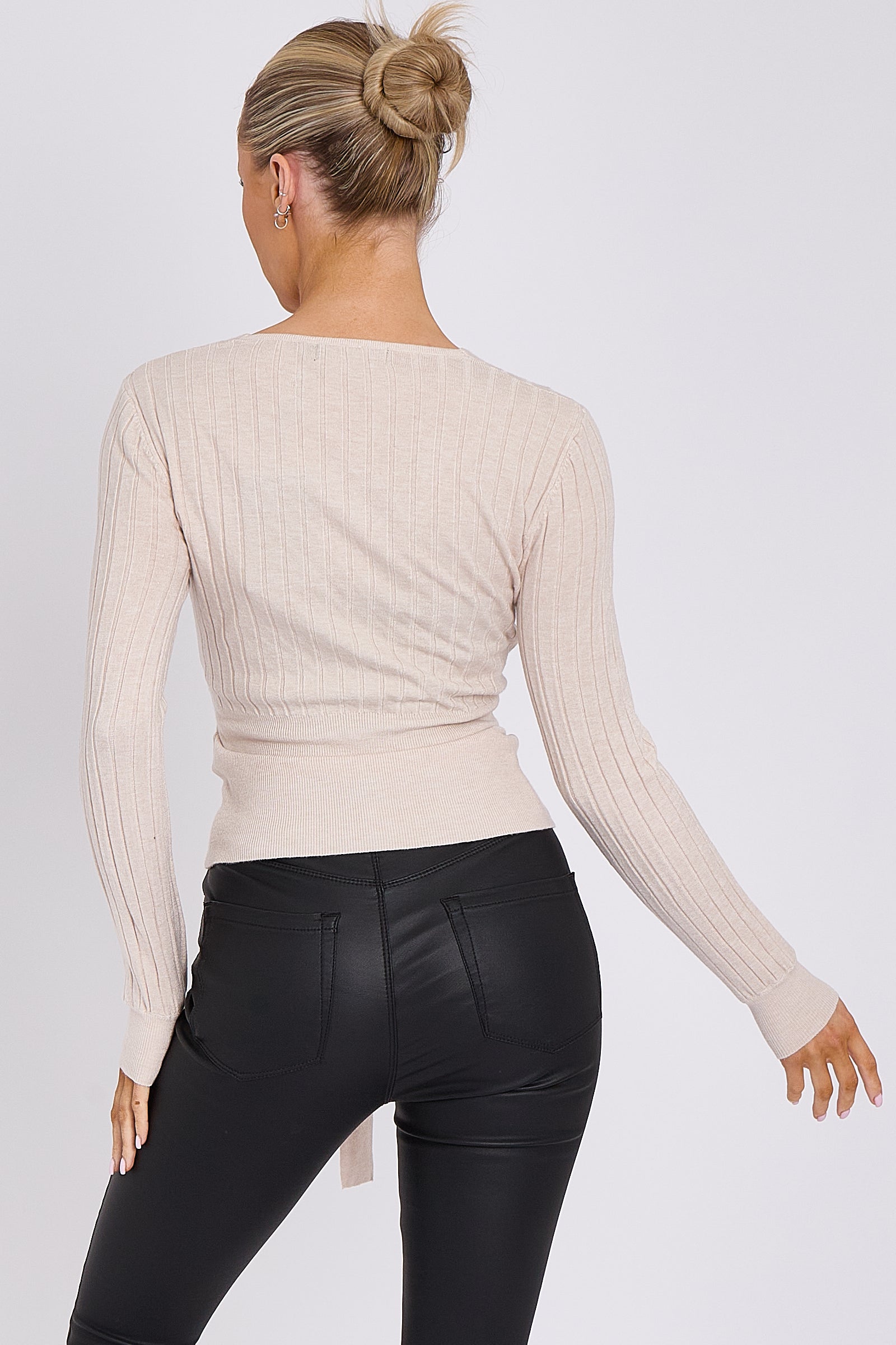 Beige Rib Knit Wrap Jumper with Tie Belt