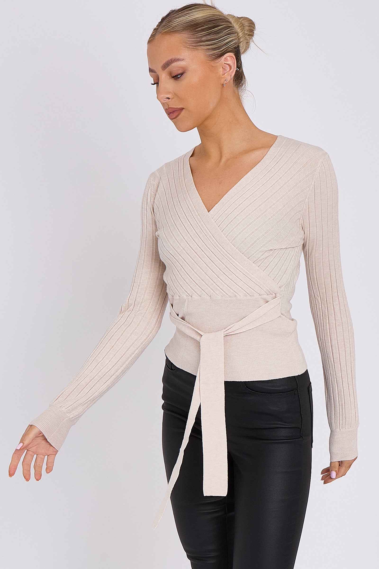Beige Rib Knit Wrap Jumper with Tie Belt