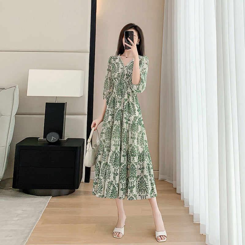 Green Three-quarter-sleeved Chiffon Floral Dress
