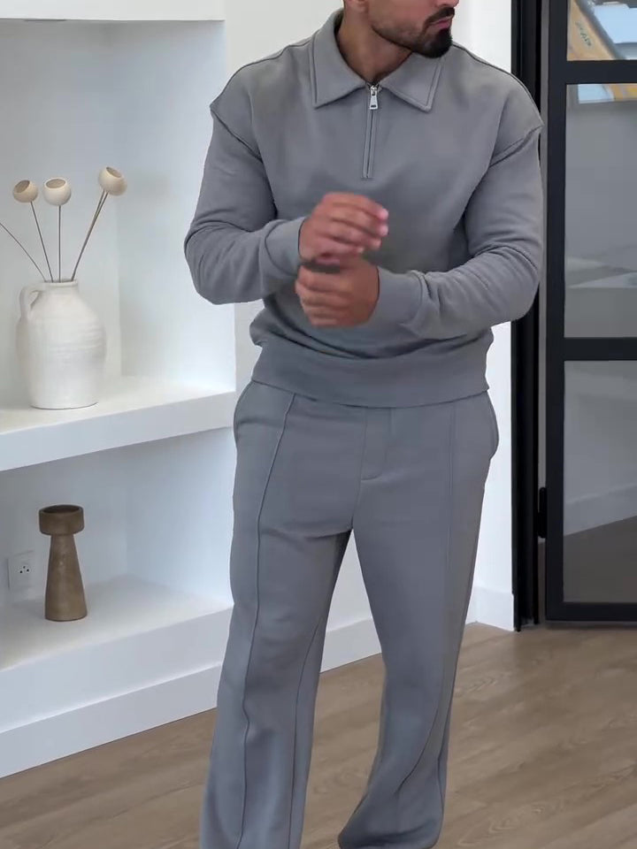 Half-Zip Polo Neck Sweatshirt & Slim Flare Pants Set