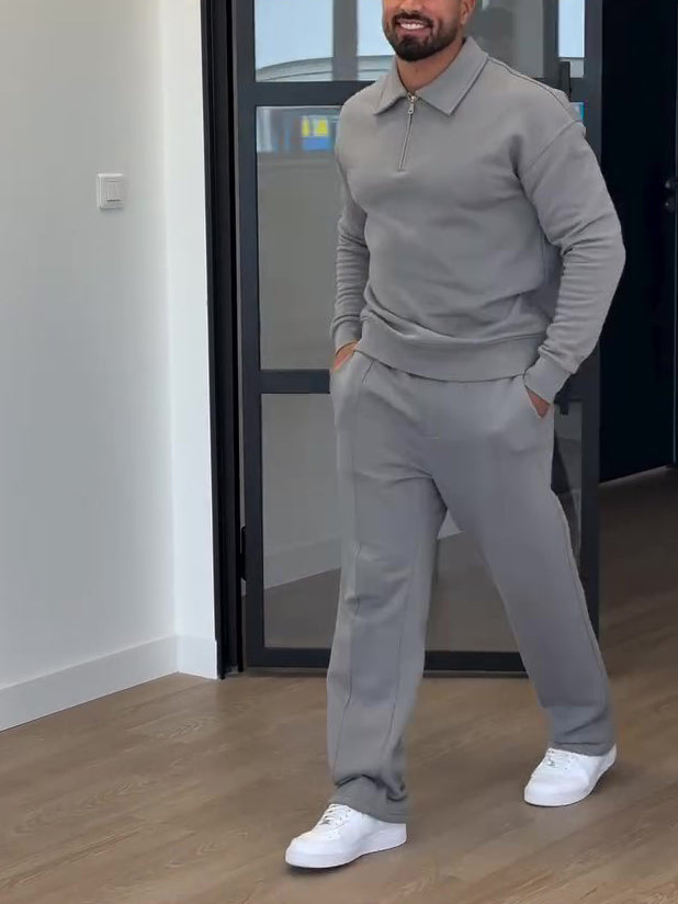Half-Zip Polo Neck Sweatshirt & Slim Flare Pants Set