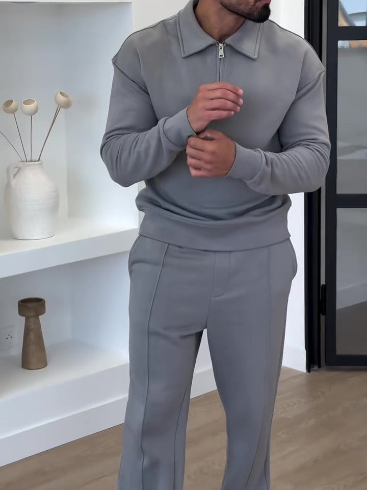Half-Zip Polo Neck Sweatshirt & Slim Flare Pants Set