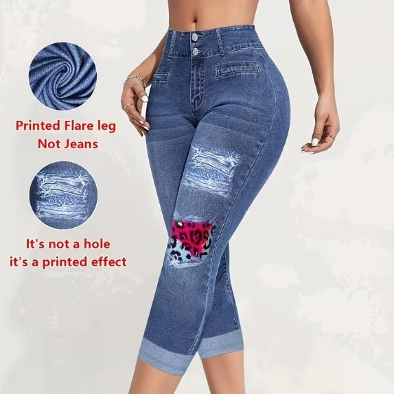 Women's Tight Capri Pants With Denim Print Fashion