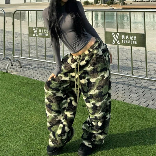 American-style Camo Jacquard Retro Autumnwinter Lambswool Thermal Loose Wide-leg Casual Pants