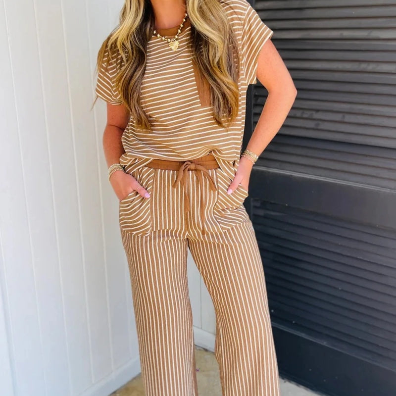 Khaki Striped Crew-neck T-shirt And Drawstring-waist Capri Pants Set